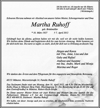 Anzeige von Martha Ruhoff von Westfälische Nachrichten