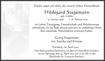Anzeige von Hildegard Stegemann von Westfälische Nachrichten
