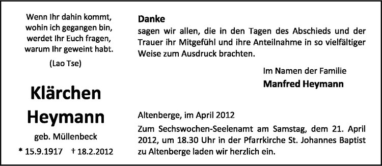  Traueranzeige für Klärchen Heymann vom 14.04.2012 aus Westfälische Nachrichten