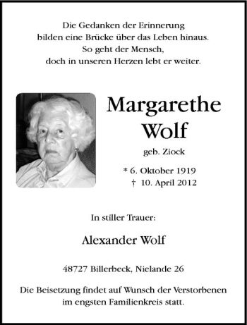 Anzeige von Margarethe Wolf von Westfälische Nachrichten