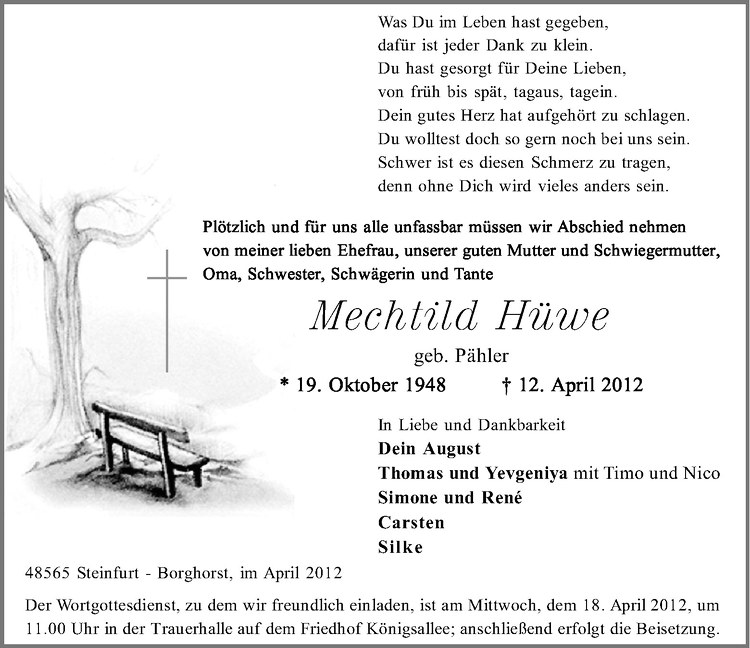  Traueranzeige für Mechtild Hüwe vom 14.04.2012 aus Westfälische Nachrichten