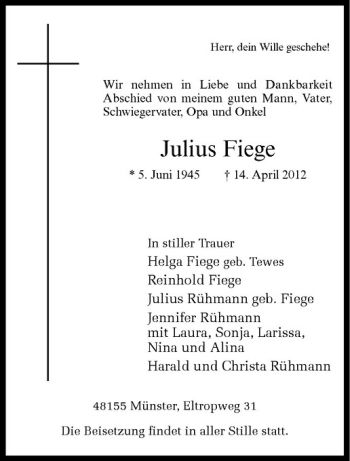 Anzeige von Julius Fiege von Westfälische Nachrichten