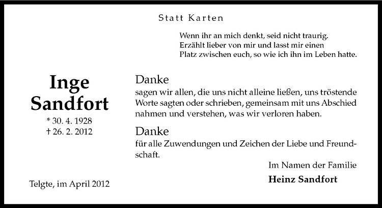  Traueranzeige für Inge Sandfort vom 21.04.2012 aus Westfälische Nachrichten