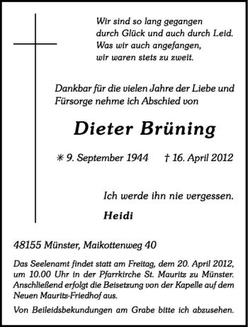 Anzeige von Dieter Brüning von Westfälische Nachrichten