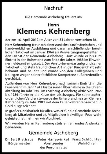 Anzeige von Klemens Kehrenberg von Westfälische Nachrichten