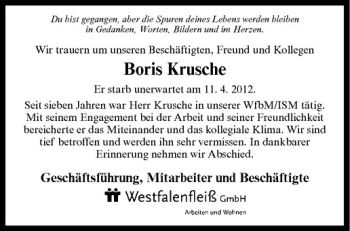 Anzeige von Boris Krusche von Westfälische Nachrichten