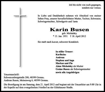 Anzeige von Karin Busen von Westfälische Nachrichten