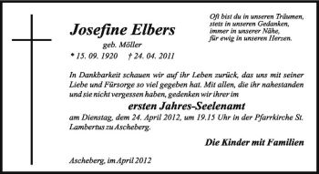 Anzeige von Josefine Elbers von Westfälische Nachrichten