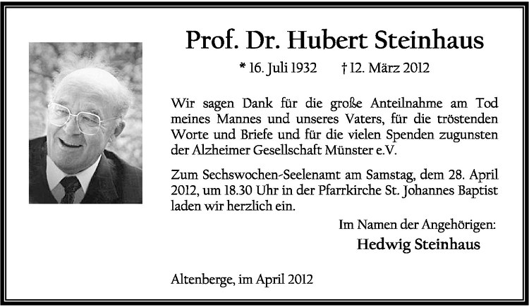  Traueranzeige für Hubert Steinhaus vom 21.04.2012 aus Westfälische Nachrichten