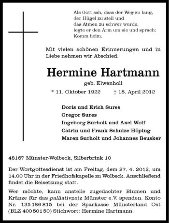 Anzeige von Hermine Hartmann von Westfälische Nachrichten