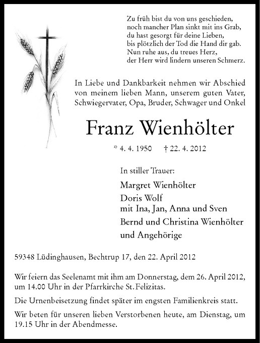  Traueranzeige für Franz Wienhölter vom 24.04.2012 aus Westfälische Nachrichten