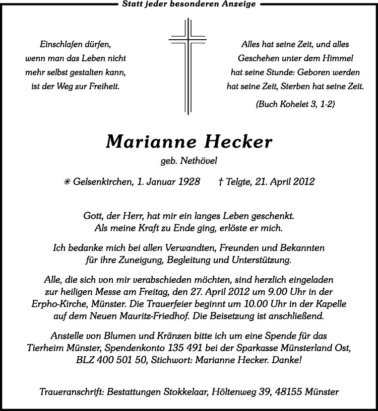  Traueranzeige für Marianne Hecker vom 24.04.2012 aus Westfälische Nachrichten
