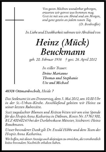 Anzeige von Heinz Beuckmann von Westfälische Nachrichten