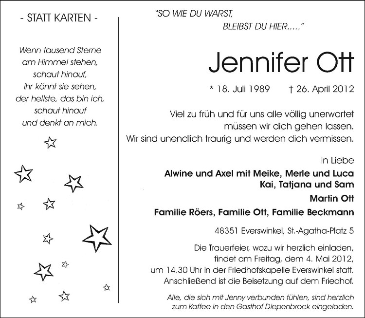  Traueranzeige für Jennifer Ott vom 01.05.2012 aus Westfälische Nachrichten