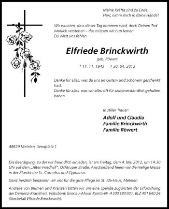 Anzeige von Elfriede Brinckwirth von Westfälische Nachrichten