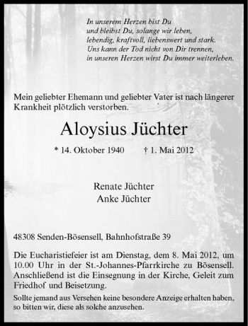 Anzeige von Aloysius Jüchter von Westfälische Nachrichten