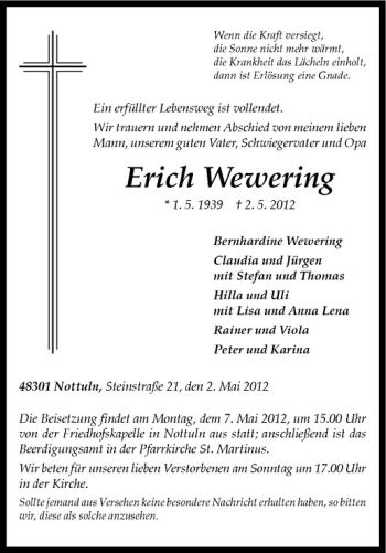 Anzeige von Erich Wewering von Westfälische Nachrichten