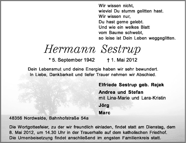  Traueranzeige für Hermann Sestrup vom 04.05.2012 aus Westfälische Nachrichten