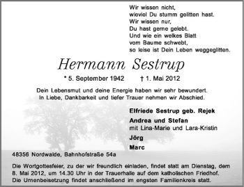 Anzeige von Hermann Sestrup von Westfälische Nachrichten