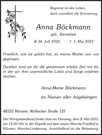 Anzeige von Anna Böckmann von Westfälische Nachrichten
