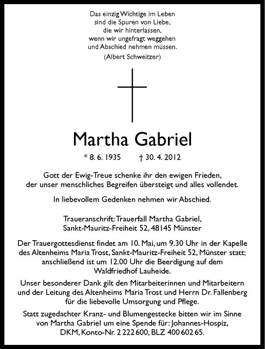 Traueranzeige für Martha Gabriel vom 05.05.2012 aus Westfälische Nachrichten