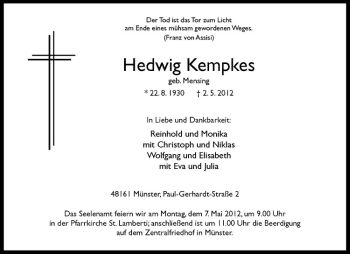 Anzeige von Hedwig Kempkes von Westfälische Nachrichten