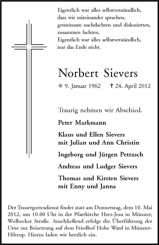  Traueranzeige für Norbert Sievers vom 05.05.2012 aus Westfälische Nachrichten