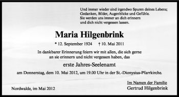 Anzeige von Maria Hilgenbrink von Westfälische Nachrichten