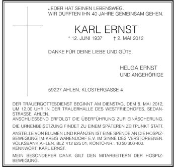 Anzeige von Karl Ernst von Westfälische Nachrichten