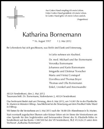 Anzeige von Katharina Bornemann von Westfälische Nachrichten