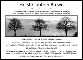 Anzeige von Horst-Günther Brewe von Westfälische Nachrichten