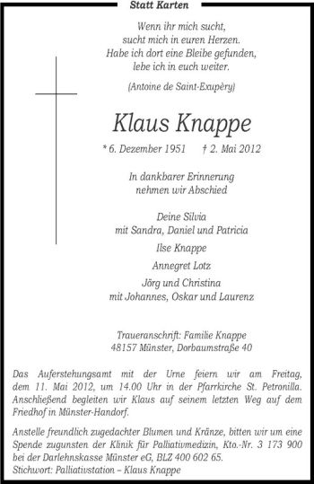 Anzeige von Klaus Knappe von Westfälische Nachrichten
