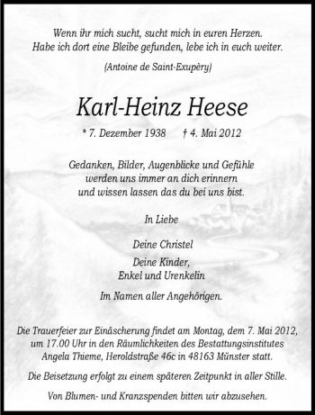 Anzeige von Karl-Heinz Heese von Westfälische Nachrichten