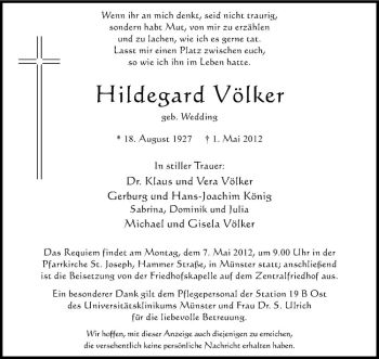 Anzeige von Hildegard Völker von Westfälische Nachrichten