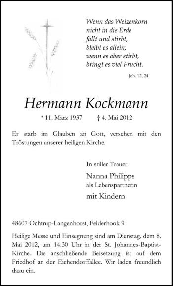 Anzeige von Hermann Kockmann von Westfälische Nachrichten