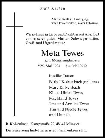 Anzeige von Meta Tewes von Westfälische Nachrichten