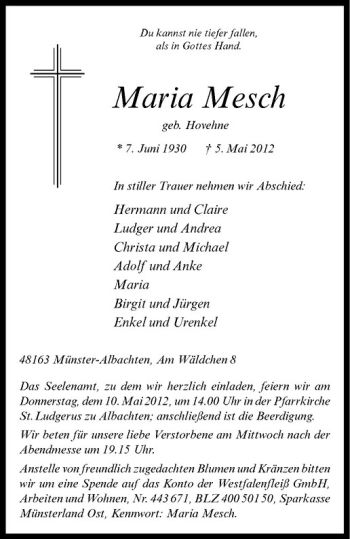 Anzeige von Maria Mesch von Westfälische Nachrichten