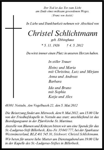 Anzeige von Christel Schlichtmann von Westfälische Nachrichten