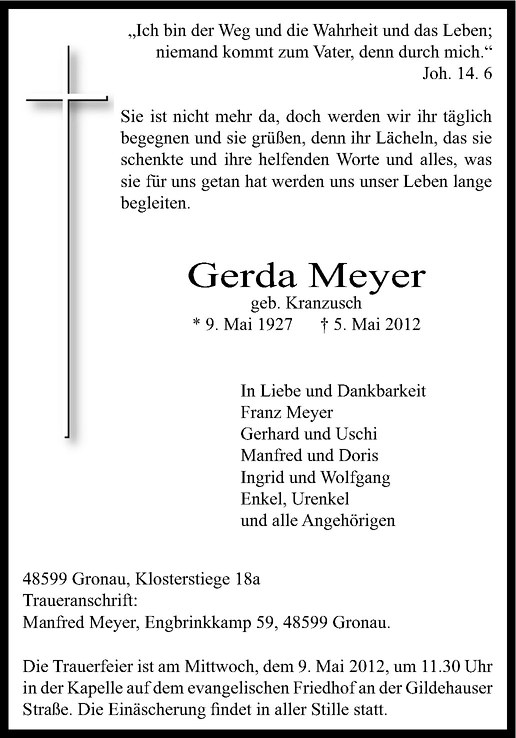  Traueranzeige für Gerda Meyer vom 07.05.2012 aus Westfälische Nachrichten