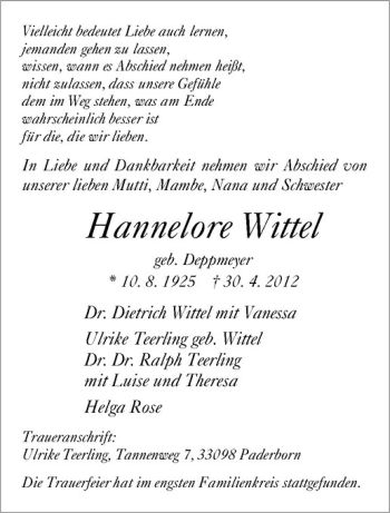 Anzeige von Hannelore Wittel von Westfälische Nachrichten