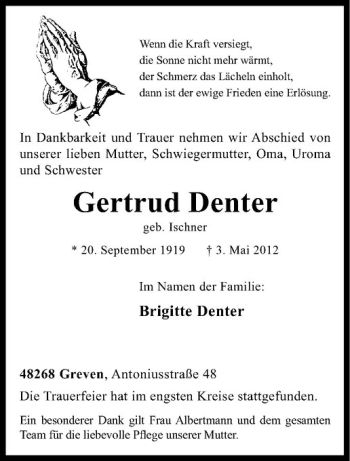 Anzeige von Gertrud Denter von Westfälische Nachrichten
