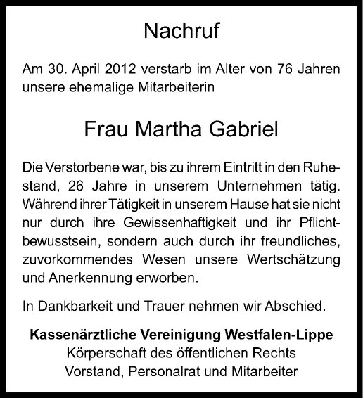  Traueranzeige für Martha Gabriel vom 12.05.2012 aus Westfälische Nachrichten