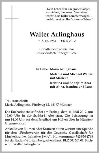 Anzeige von Walter Arlinghaus von Westfälische Nachrichten