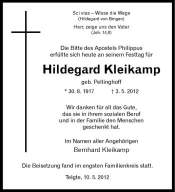 Anzeige von Hildegard Kleikamp von Westfälische Nachrichten