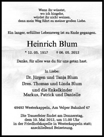 Anzeige von Heinrich Blum von Westfälische Nachrichten
