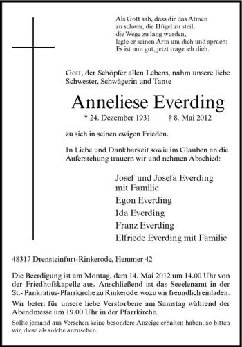 Anzeige von Anneliese Everding von Westfälische Nachrichten