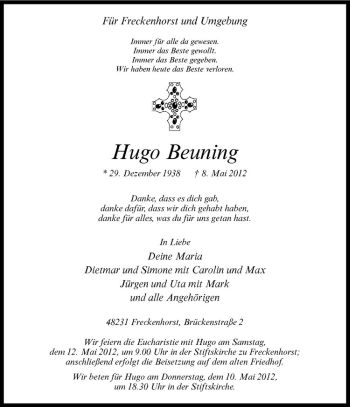 Anzeige von Hugo Beuning von Westfälische Nachrichten