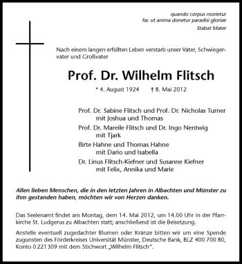 Anzeige von Wilhelm Flitsch von Westfälische Nachrichten