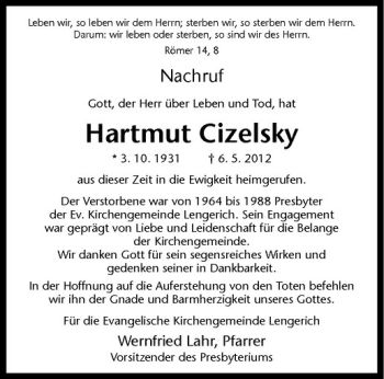 Anzeige von Hartmut Cizelsky von Westfälische Nachrichten