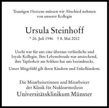 Anzeige von Ursula Steinhoff von Westfälische Nachrichten
